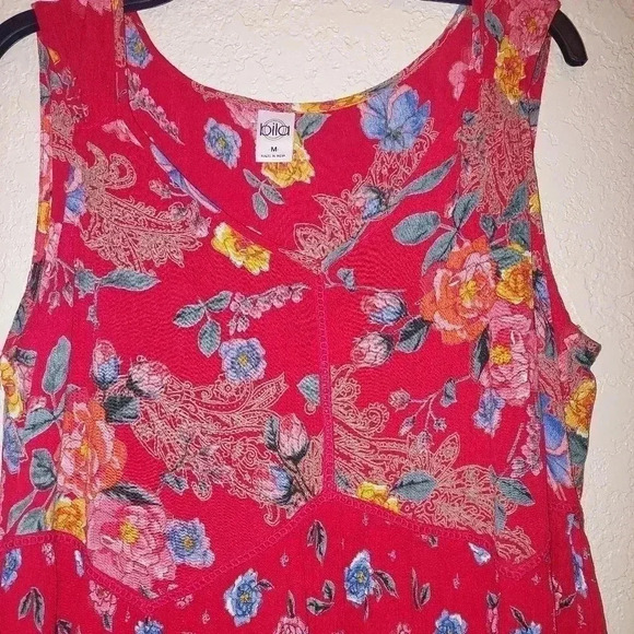 Bila Caroline Gauzy Flowy Tiered Red Floral Cottage Dress Size Medium - Picture 3 of 6